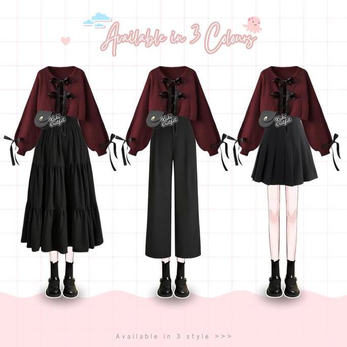 KUKI OUTFIT - Fairy 1 Set Outfit Wanita (Cardigan Pita, Rok, Celana, Hijab) Douyin Outfit Set Maroon