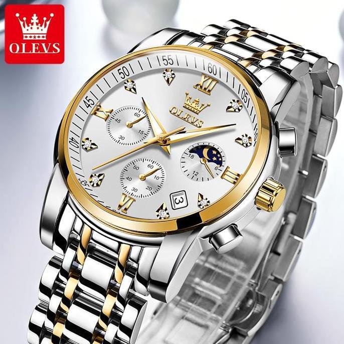 Orologi- Olevs Jam Tangan Pria Tahan Air Cowok Multifungsi Luminous Kalender Bisnis Analog Elegan Be