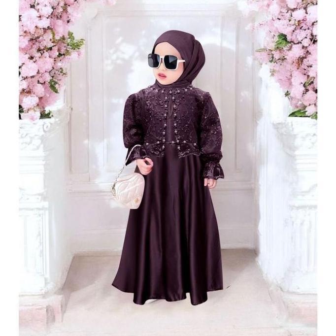 Gamis Nagita Kids Bunga Crinkle Satin Kombinasi Tile Mutiara untuk Anak Perempuan 2-13 Tahun Gaun Pe