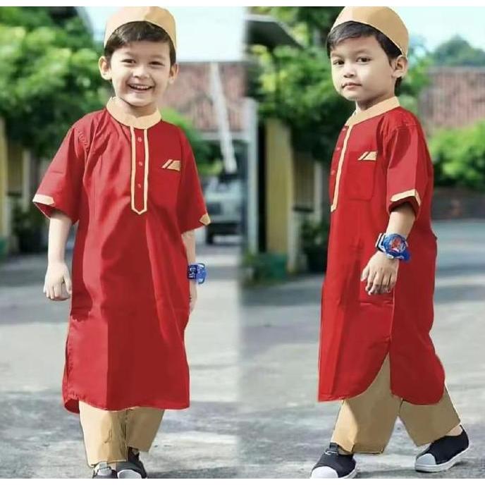 Fashion muslim anak laki-laki koko jubah anak setelan baju dan celana model gamis