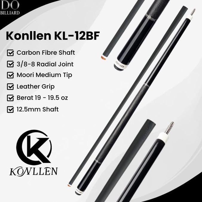 Stick Billiard KONLLEN KL-12F Carbon Cue Leather Grip Low Deflection / Stick Konllen KL-12F