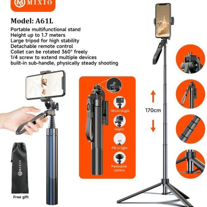 MIXIO A61L 170CM Tongsis Tripod Bluetooth Remote Stick Hand Stabilizer