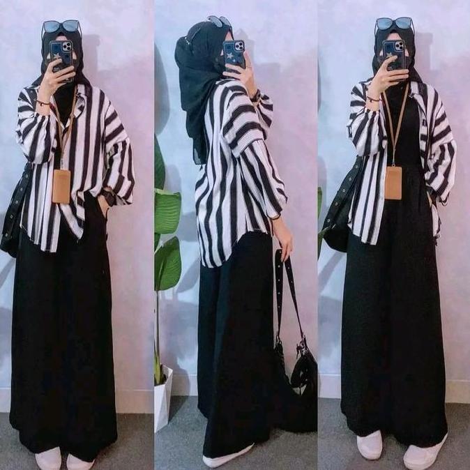 Anjas.Shop_ - Namira Strip One Set Kulot | Setelan  Tunik Baju Atasan Muslim Oversize Crinkle Airflo
