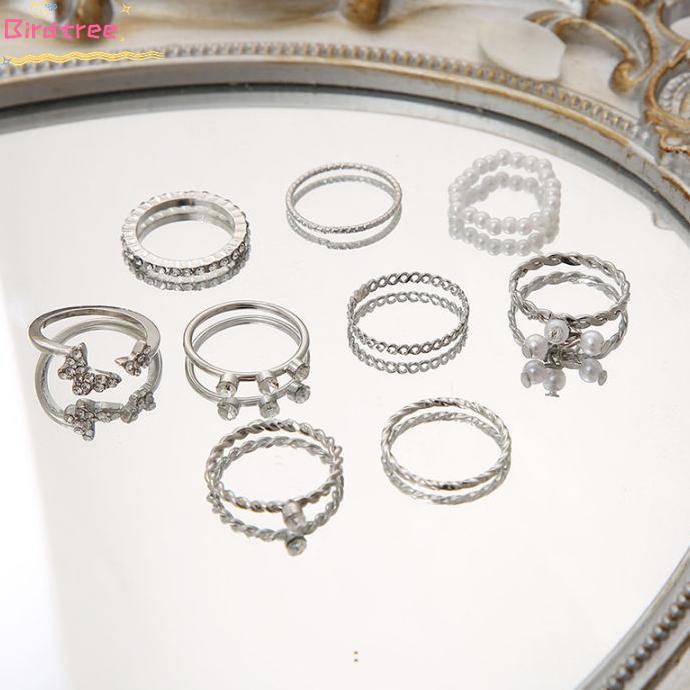 Kualitas Super Cod 9 Pcs Cincin Set Korea Fashion Mewah Mutiara Kristal Kupu-Kupu Berlian Tipis Bero