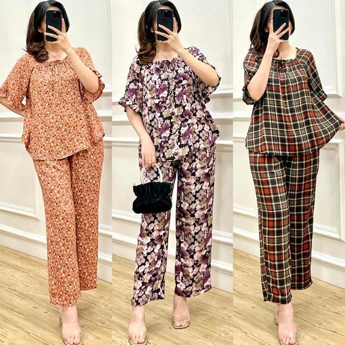 BANGKAOS3 - AMARIEL JULIA ONESET PIYAMA SETELAN ATASAN BAJU CELANA PANJANG TIDUR NYAMAN ADEM RUFFLE