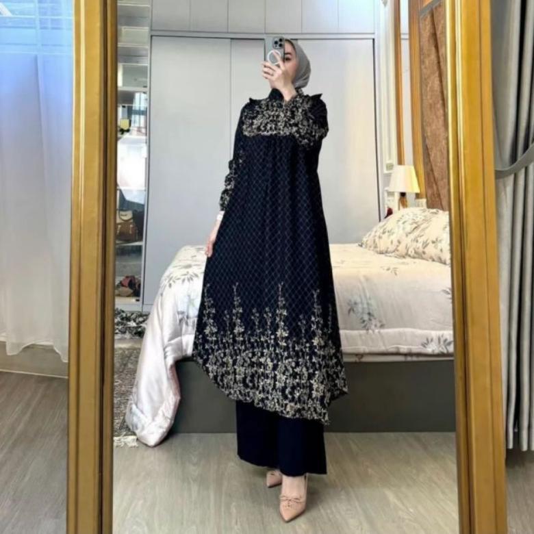 BIG PROMO Setelan Tunik Panjang Kirania// One Set Long Tunik Rayon Diamond Celana Kulot Crinkle Semi