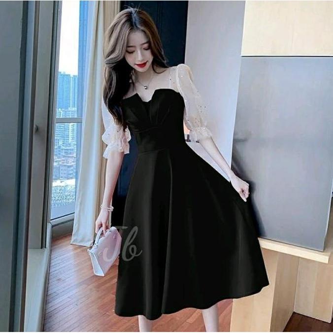 Pilihan - Dress Korean Style Wanita Lengan 3/4 Model Balon Gelembung Gliter Baju Pesta Cewek Korea G