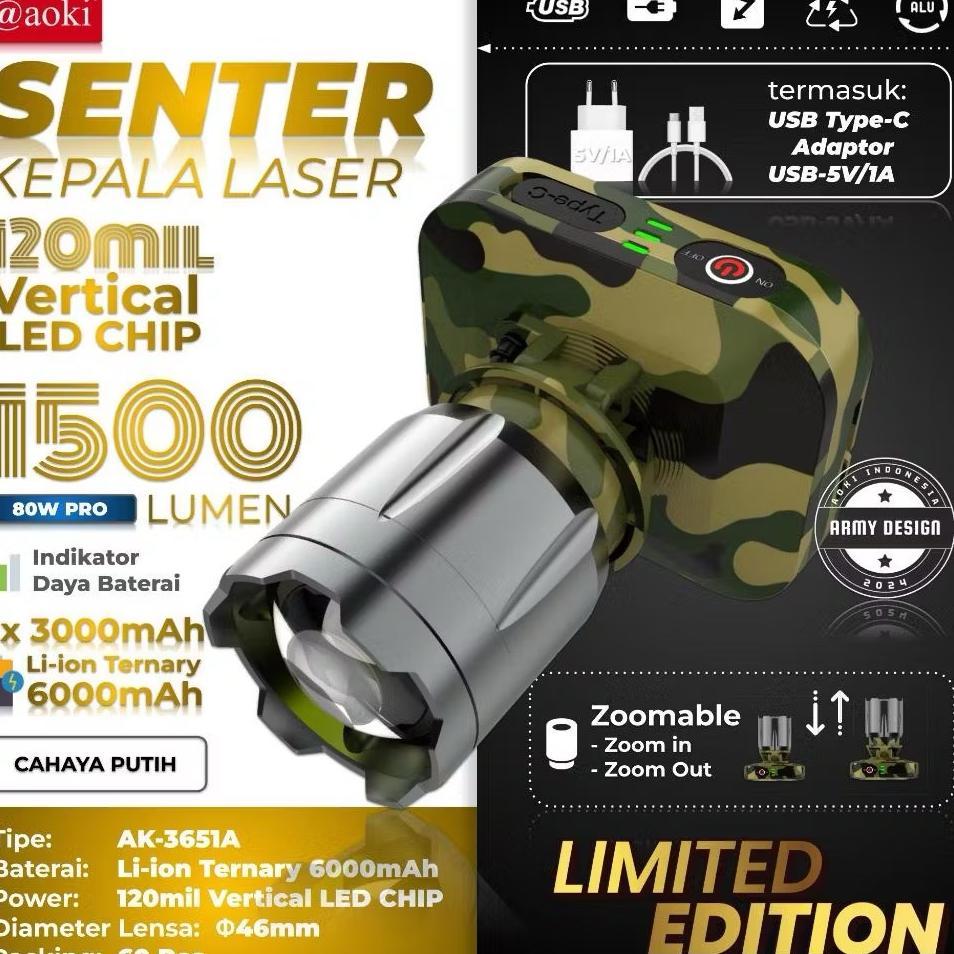 Senter Kepala Super Terang 80W Tahan Lama 6000Mah Aoki 1500Lumen Penyebaran Zoom, Aoki Ak-3651A Dan 