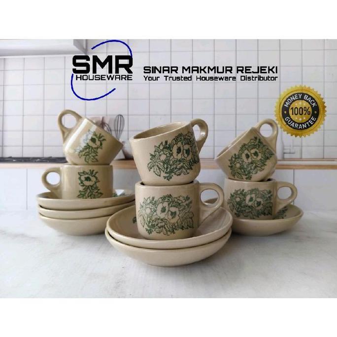 CANGKIR KOPI KERAMIK MOTIF BUNGA 6 PCS + SAUCER | GELAS KERAMIK JADUL UNIK [Terbaik]