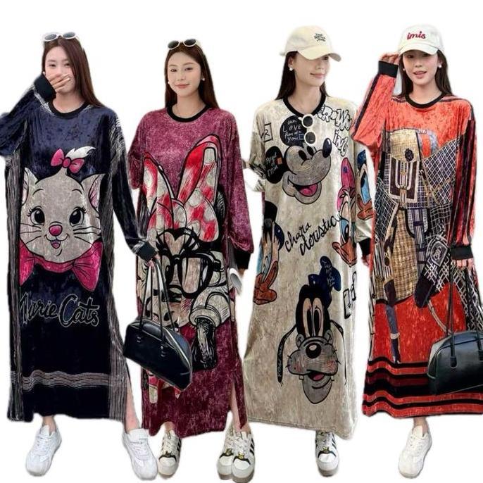 Youu- Long Dress Velvet Bludru Lengan Panjang Motif Jumbo Nita
