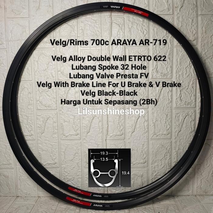 Velg Rim 700 ARAYA 700c AR-719 Double Wall Brake Line 32H FV BLACK