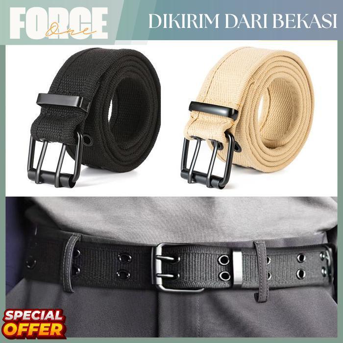 Force One Sabuk Kanvas Dua Jalur Double Pin Buckle Belt Ikat Pinggang Celana Jeans Cowok Cewek Casua