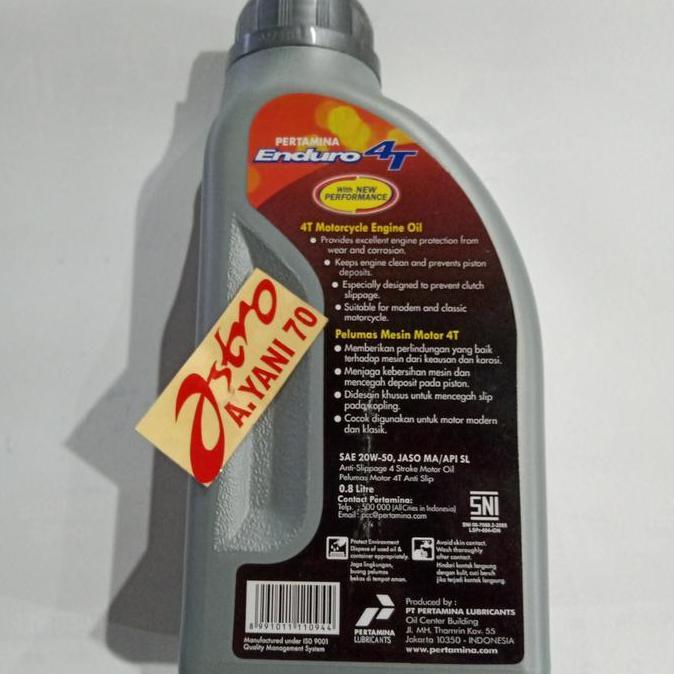 One- New- Oli Mesin Motor 4T, Merk Pertamina Enduro, Enduro 4T, 0,8 Liter