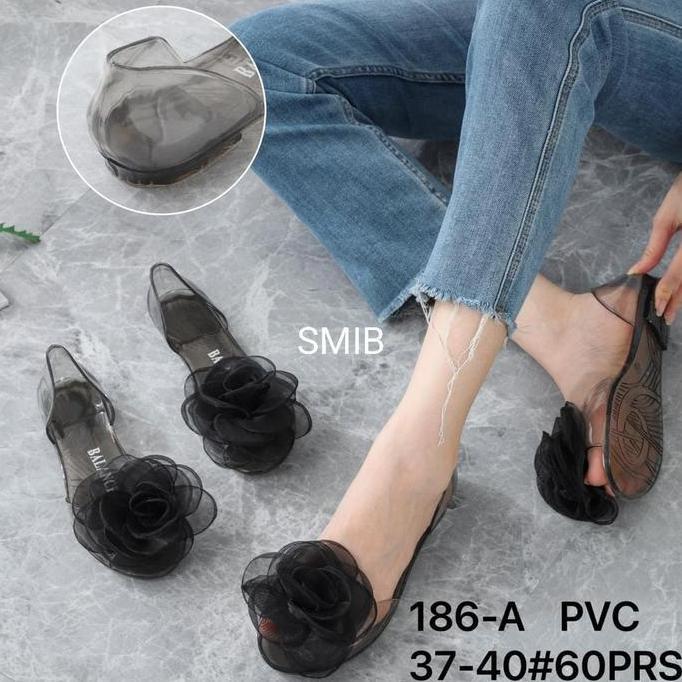 DF150 - Sepatu Sandal Wanita karet Jelly Import BALANCE Motif Bening Bunga PVC / 186-A