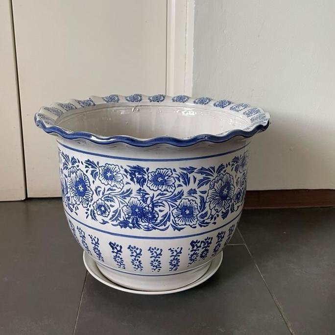 Pot tanaman keramik biru putih Besar