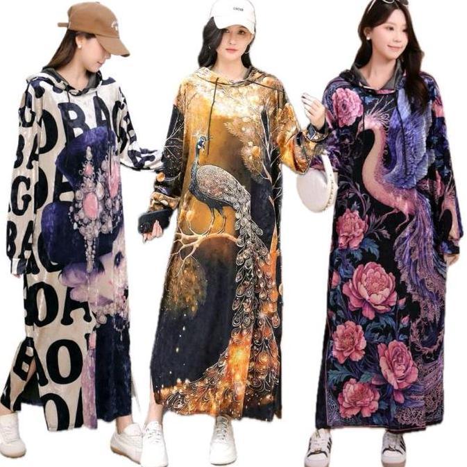 HARGA PRODUK Long Dress Velvet bludru lengan panjang Motif jumbo Wanita HARGA PRODUK