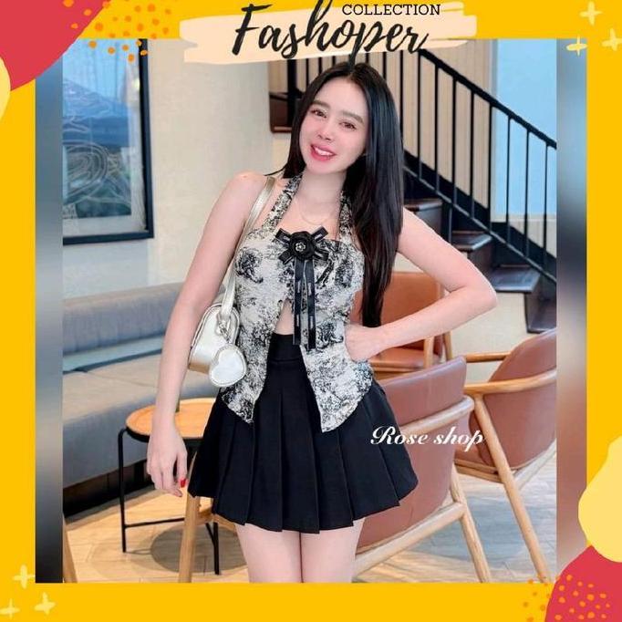 PREMIUM Fashoper Setelan Rok Pendek Wanita Bangkok Premium Halter Top + Skirt Sexy Elegant Korean St