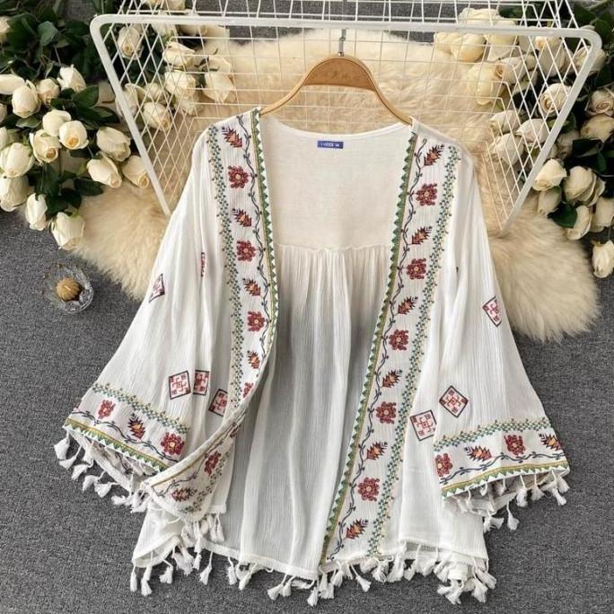 Sabdaa317 - Outer Kimono Boho Tassel Baju Luaran Wanita Lengan Panjang Bohemian Cardigan Kardigan