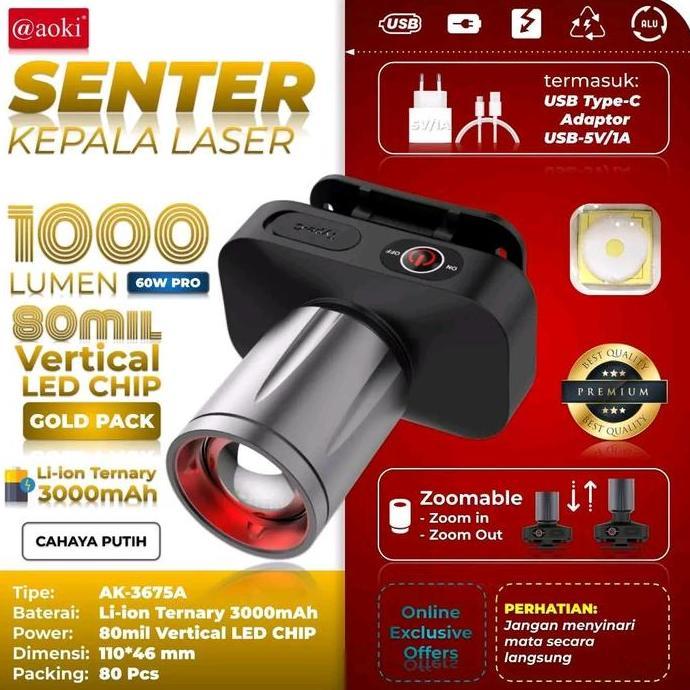 Lictwin- Senter Kepala Zoom Aoki Ak-3675A 60W Pro 1000 Lumen - - Zoom Jarak Jauh