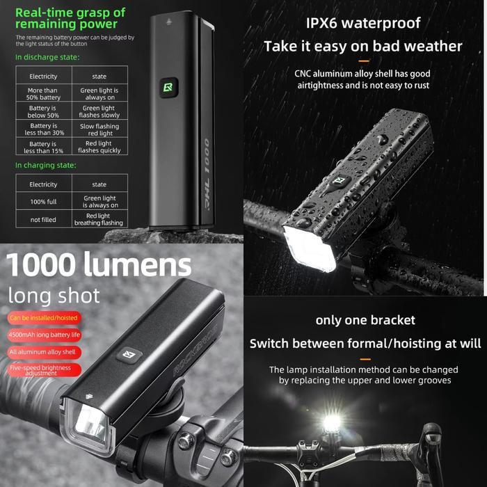 Rockbros Rhl1000 Lampu Depan Sepeda 1000Lumens Super Terang Usb Rechargeable, Bodi Aluminium Alloy, 