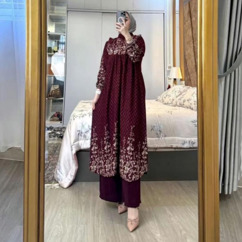 Cuci Gudang Setelan Tunik Panjang Kirania// One Set Long Tunik Rayon Diamond Celana Kulot Crinkle Se