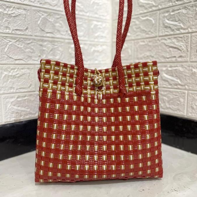 Shebag- Tas Jali Merah Combi Gold Free Macrame Rainbow Anyaman Tote Nita