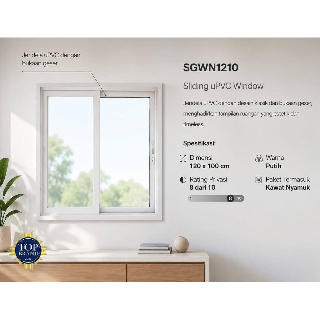 Jendela Geser Aluminium Sliding UPVC Window Eden Putih White 100x120 Kaca Bening Clear