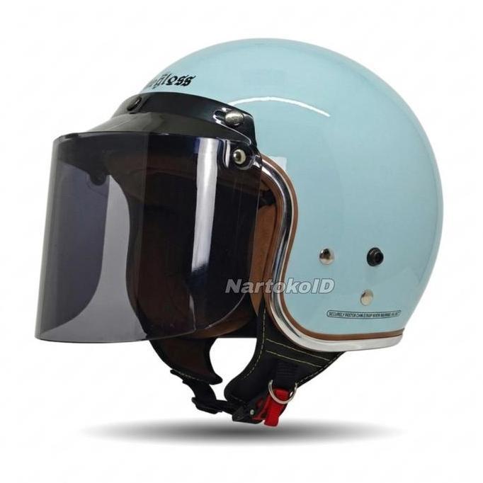 Helm Bogo Retro Dewasa List Chrome-Kaca Datar Iridium Hijau Mint Cewek Cowok Full Leher SNI  Motorcy