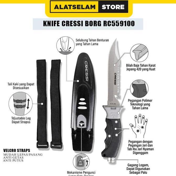 Knife Cressi Borg RC559100 / Peralatan Selam / diving knife / Pisau Selam / Pisau air / Pisah Selam 