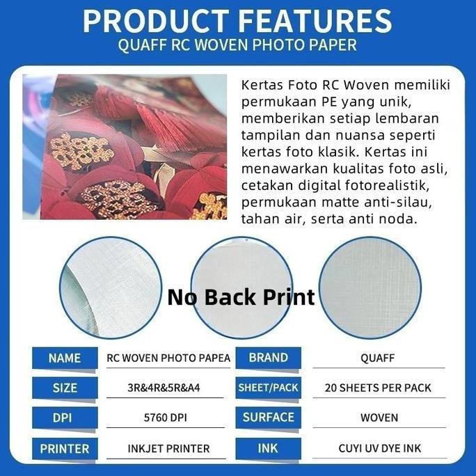 Quaff RC Woven Photo Paper 260gsm 20 Lembar [A4/5R/4R/3R] - Kertas Foto Resin Tahan Air & UV, Cetak 