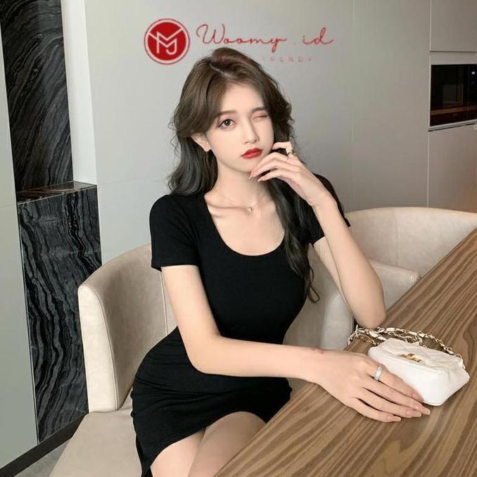 Woomy DR432 Basic Mini Casual Dress Wanita Polos Bodycon Dres Pesta Ketat Kekinian Baju Midi Hitam G