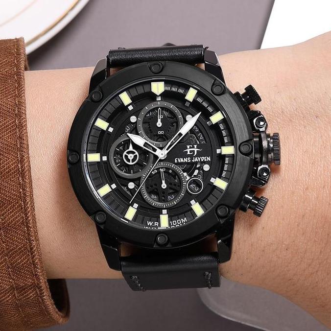 Orologio- Evans Jayden Jam Tangan Pria 9570 Kulit Kaca Sapphire Chronograph Ter Resistant 10 Atm