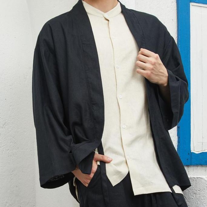REMEDY Kimono Outer Linen Pria Lengan Panjang Casual Warna Hitam - Black Takumi Linen Outer