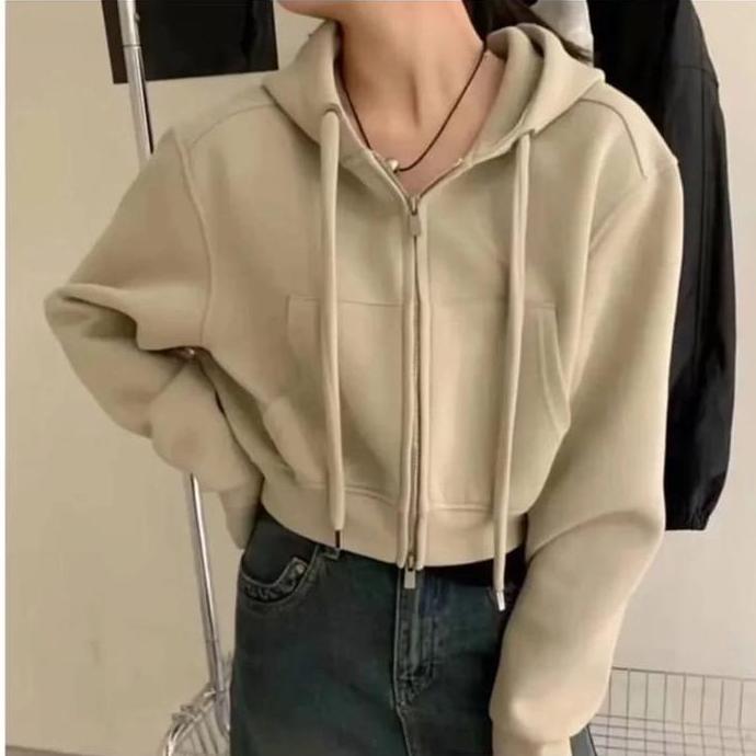 Jaket  Crop Wanita Zipper  Resleting Masa Kini Tebal Fleece baju atasan  Cewek Oversize Crewneck   c