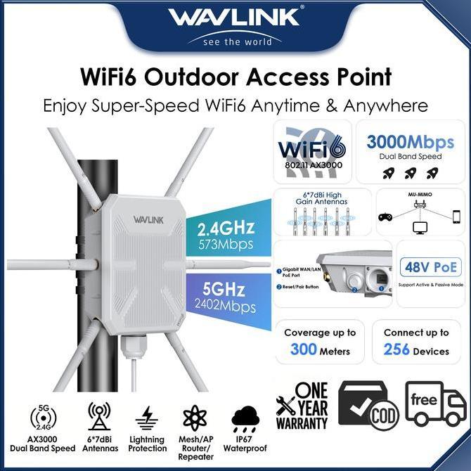 Best Seller Wavlink Titik Akses Luar Ruangan Ax3000 Wifi 6 Wl-Wn588Hx3 Ip67 6 Antena 7Dbi Jangkauan 