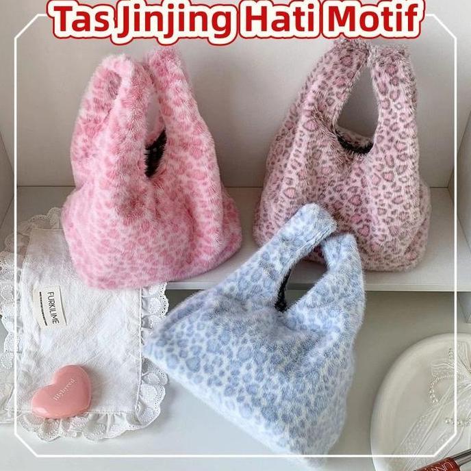 HIKAUN Tas Jinjing Berbulu Kapasitas Besar Tas Tangan Motif Macan Tutul Tas Bahu Bulu Jinjing Fashio
