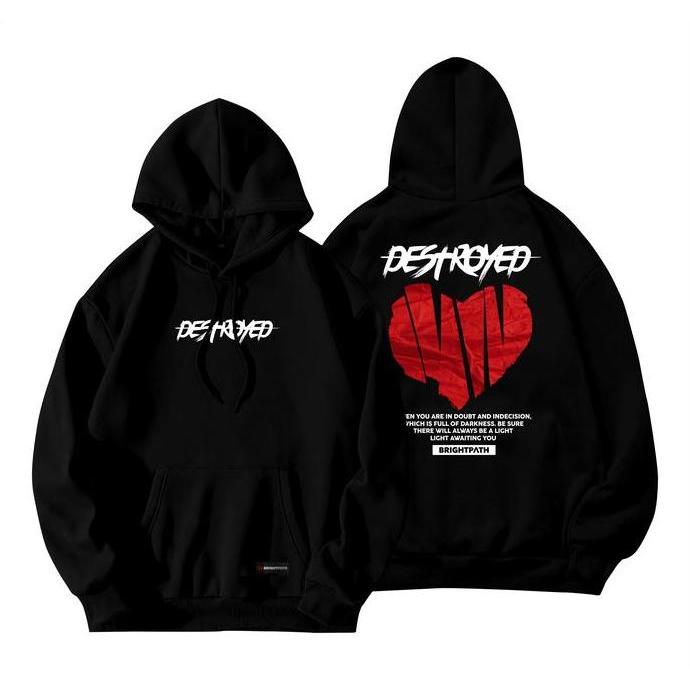 BRIGHTPATH - Hoodie Pria Hitam Destroyed Pullover Matt Fleece Gsm 280 Soft