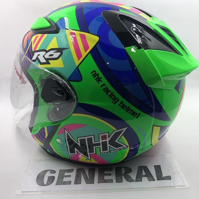 Helm NHK R6 Motif Pigment Green Fluorecent Hijau Flo Stabilo Half Face