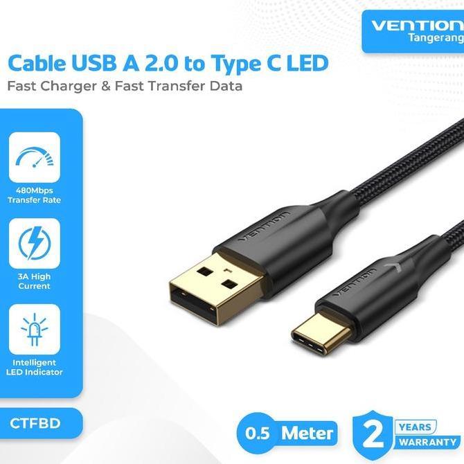 VENTION CTFBD Kabel Data USB 2.0 to Type C Fast Charging 3A with Light LED Nylon Braided Cable 50CM 