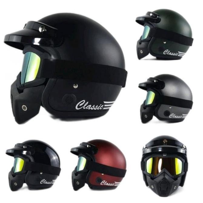 Helm Retro Google Mask Kaca Mata - Helm Motor Cafe Racer Japstyle Vespa SNI Dewasa Cewek Cowok Keren