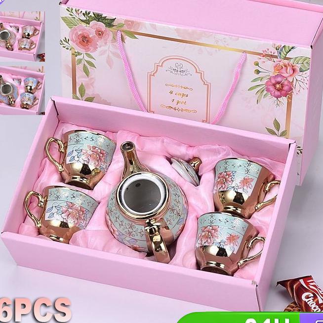 Set Teko Cangkir Piring Keramik European Classic Style / Teapot Motif Bahan Porcelain European Style