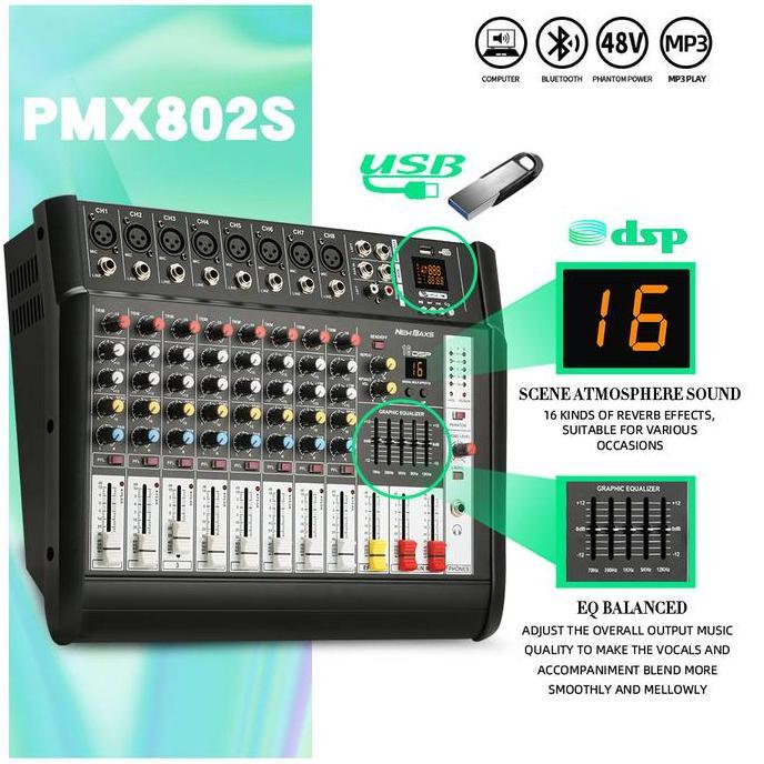 NEW BAXS Mixer Audio Profesional PMX802S 8sound strip built-in 650 watt power amplifier * 2 saluran 