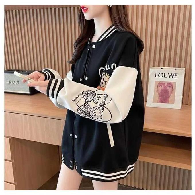 PREMIUM / JAKET BASEBALL VARSITY OVERSIZE UNISEKS - CROWN BEAR JACKET - JAKET  STREET KOREAN STYLE