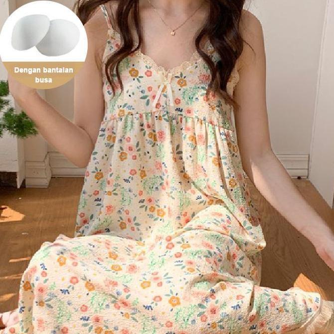 Qiu- Lnr Shop Midi Dress Desa Dengan Pad Bra Cup Busa Lengan Tali Adjustable Atau Bisa Disesuaikan P