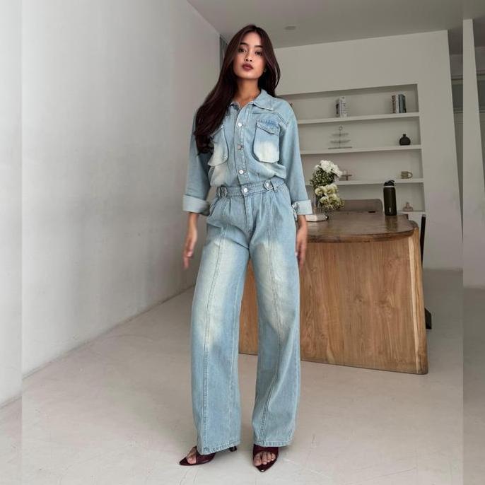 TERBARU LADOUCE - Angel Denim Jumpsuit | Jumpsuit Jeans Wanita | Jumpsuit Panjang Denim