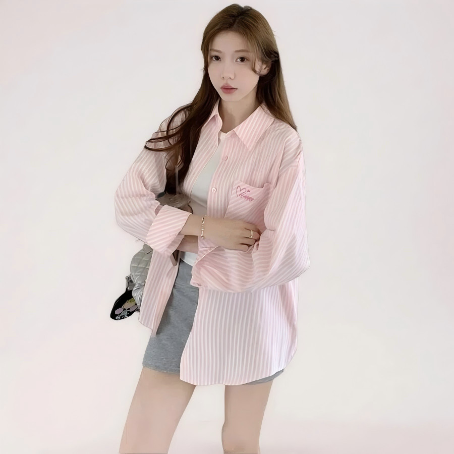 Kemeja bergaris wanita, gaya Korea, atasan kemeja bergaris pink bordir retro