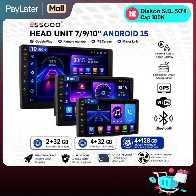 Essgoo Head Unit Android 15 Mobil 4G+64G  7/9/10 Inch 2 Din Kontrol Suhu Cerdas Ips Layer Mobil Navi