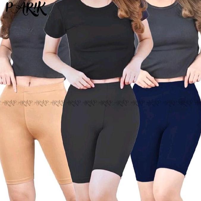 Roupas - Paket 3 Celana Shot Spandex Licin Standar Jumbo Super Jumbo Wanita Tebal Legging Pendek Dew