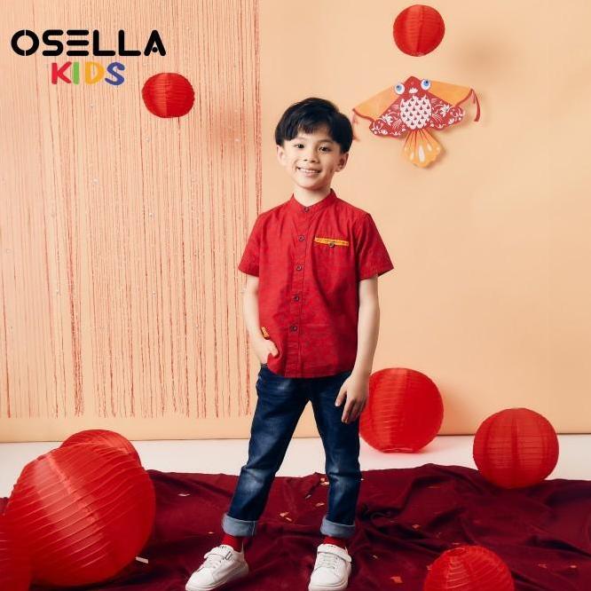 Osella Kids Mandarin Collar Short Sleeve Shirt In Red Ental Pattern 2234300151 Kemeja Anak Laklaki L