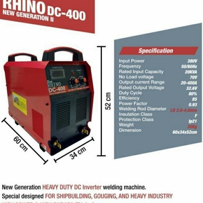 Mesin Las Rhino Dc400 Dc400A Dc 400 Dc 400A Heavy Duty 380V 3 Phase Terbaru 